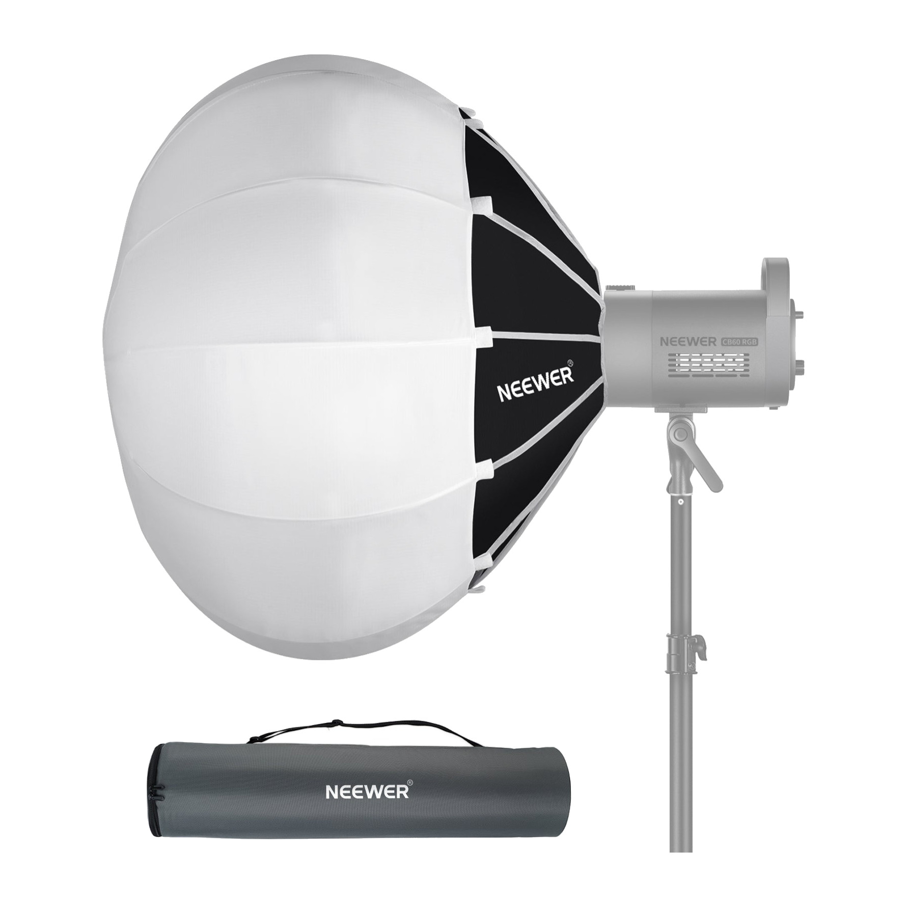 Neewer NS65L 65 cm lantern softbox with black skirt on a Bowens-mount light, carry bag in front