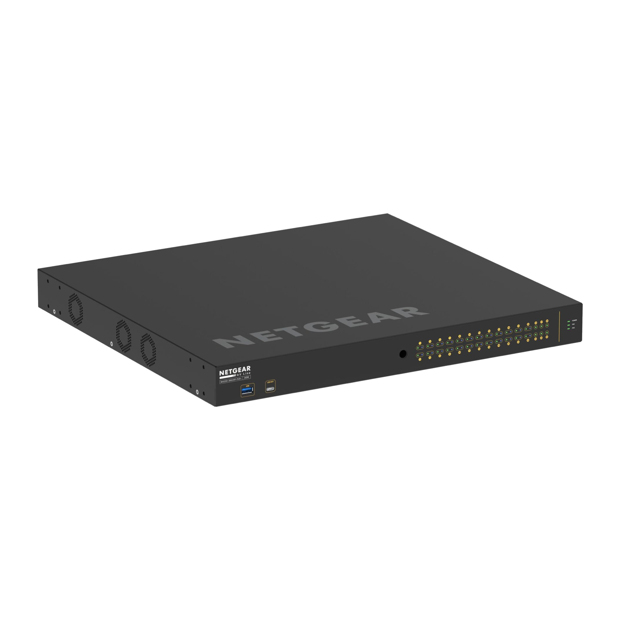 NETGEAR M4250-26G4XF-PoE+ AV Line 1U switch, front three-quarter view of the LED panel