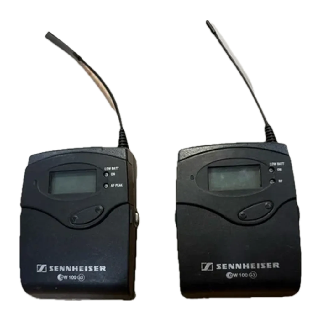 Sennheiser SK 100 G3 bodypack transmitter and EK 100 G3 receiver side by side, ew 100 G3 labels visible