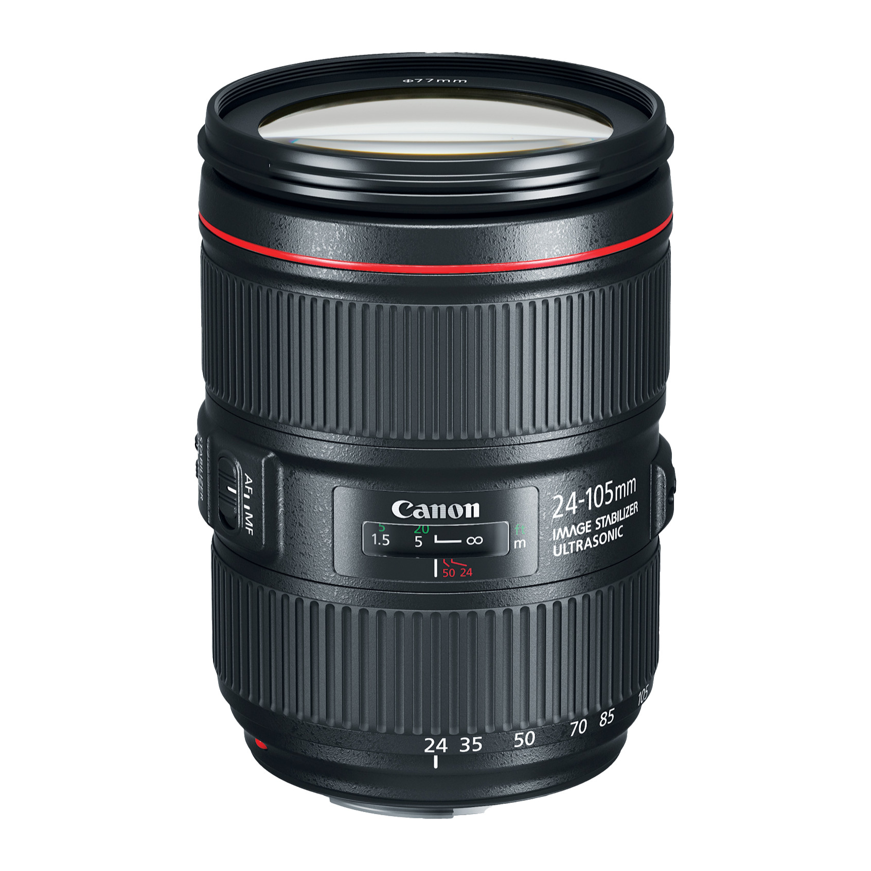 Canon EF 24-105mm f/4L IS II USM lens, elevated front three-quarter view showing the front element