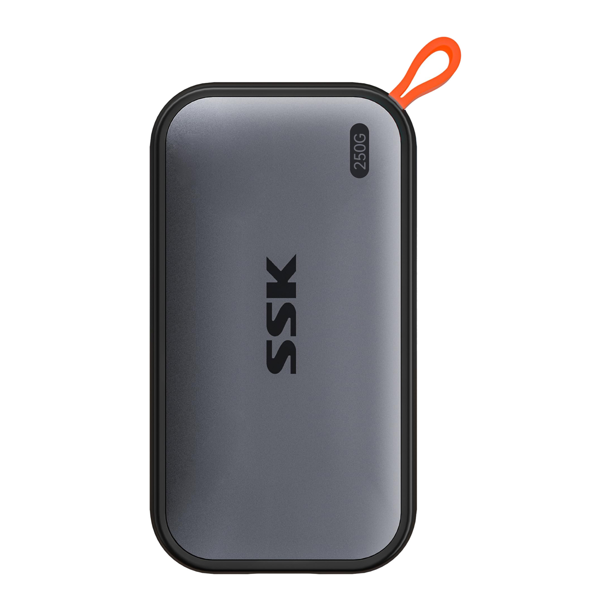 SSK SD500 250GB portable SSD, grey aluminium shell with dark bumper and orange lanyard loop