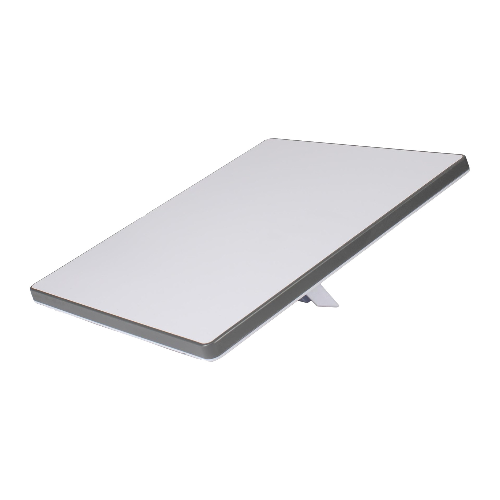 Starlink Mini satellite dish, white face with grey edge, propped on its kickstand, front three-quarter