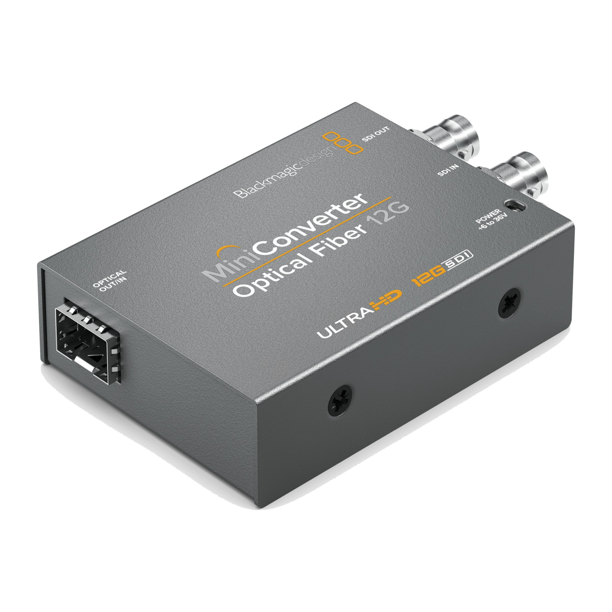 Blackmagic Mini Converter Optical Fiber 12G, three-quarter view of the SFP optical port