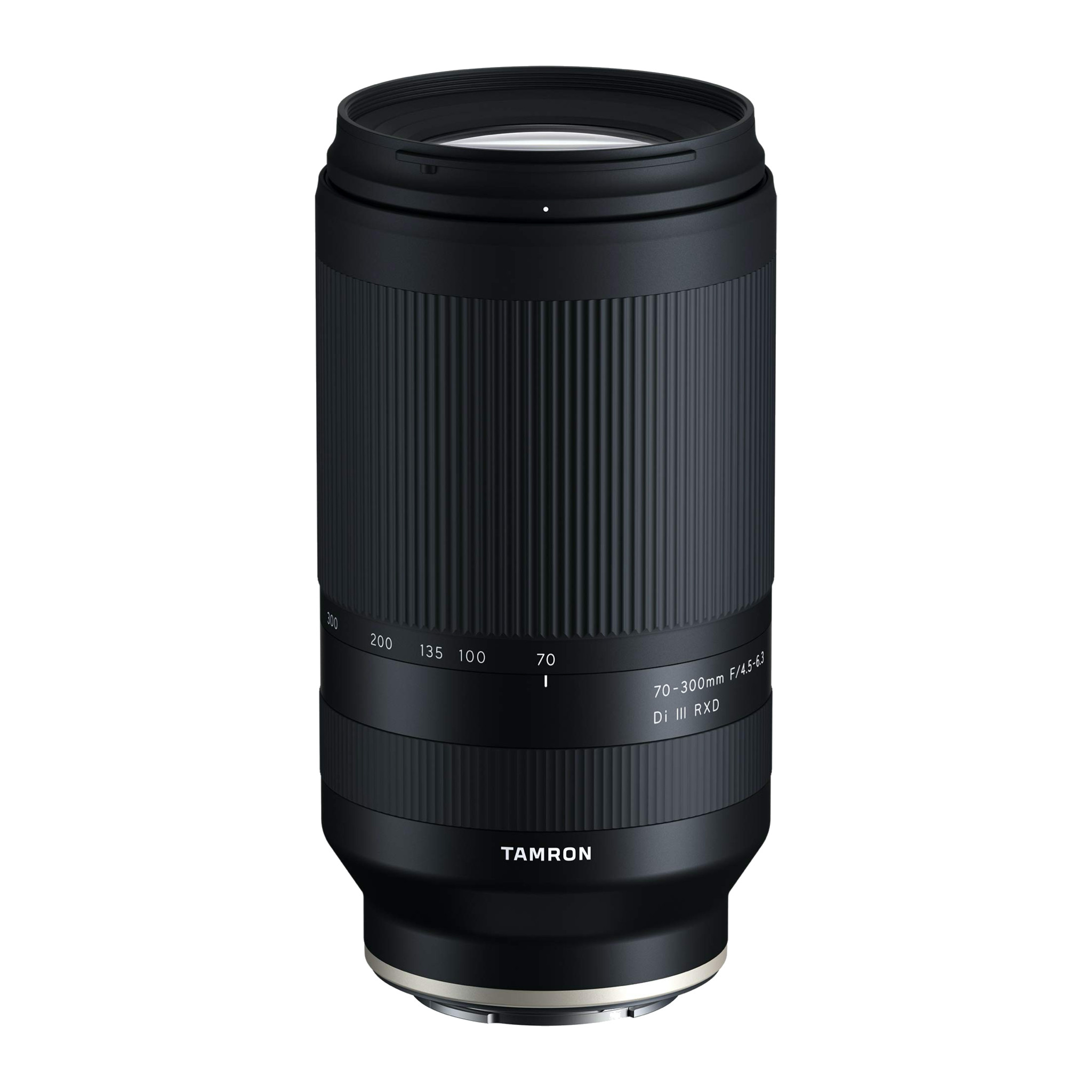 Tamron 70-300mm F/4.5-6.3 Di III RXD (A047) for Sony E standing upright, elevated front three-quarter view