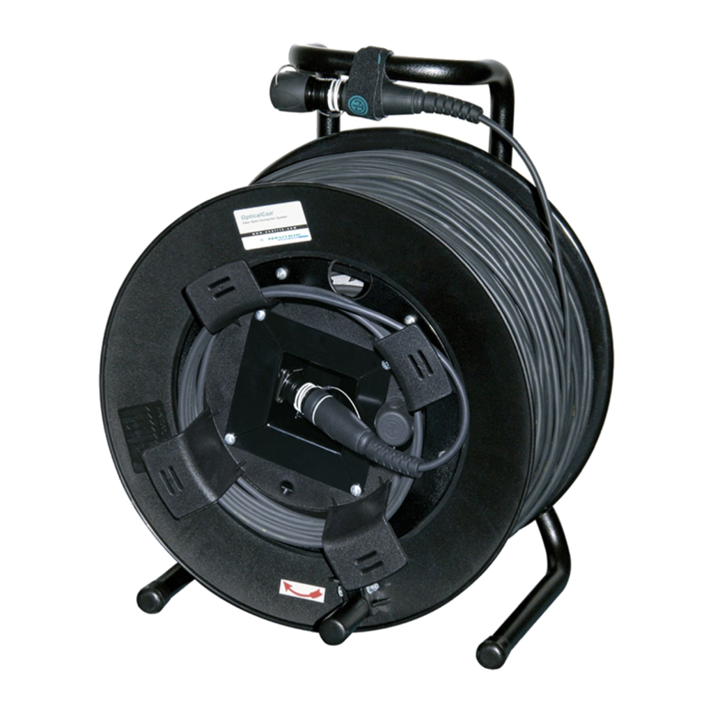 Tactical fibre cable on a black cable drum with carry frame, connectors stowed at the hub and handle