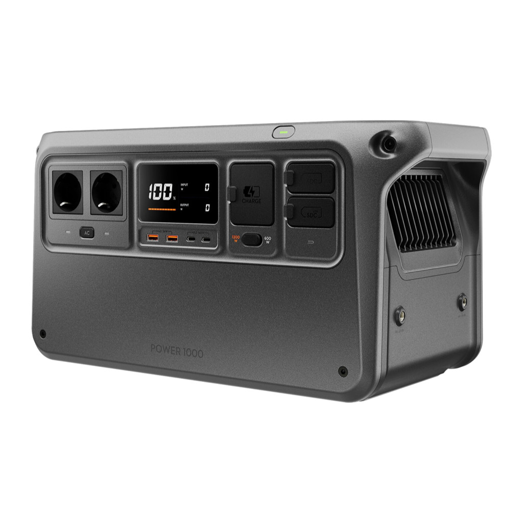 DJI Power 1000 portable power station, front three-quarter view with two Schuko AC outlets, display and USB-C ports