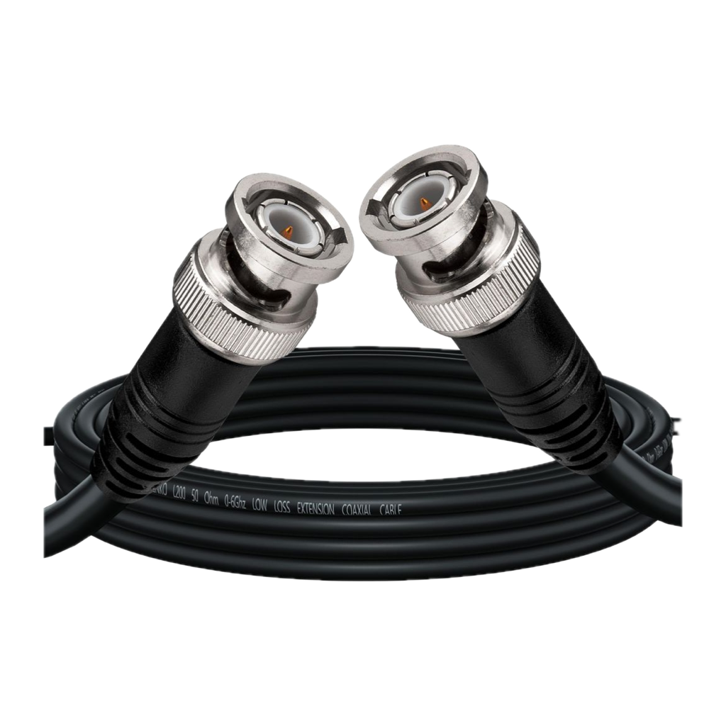 Black 50 ohm coaxial extension cable with BNC male connectors at both ends