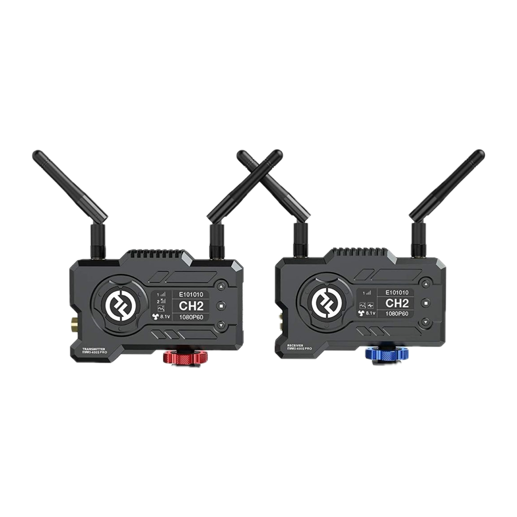 Hollyland Mars 400S Pro transmitter and receiver, front view with OLED screens and antennas