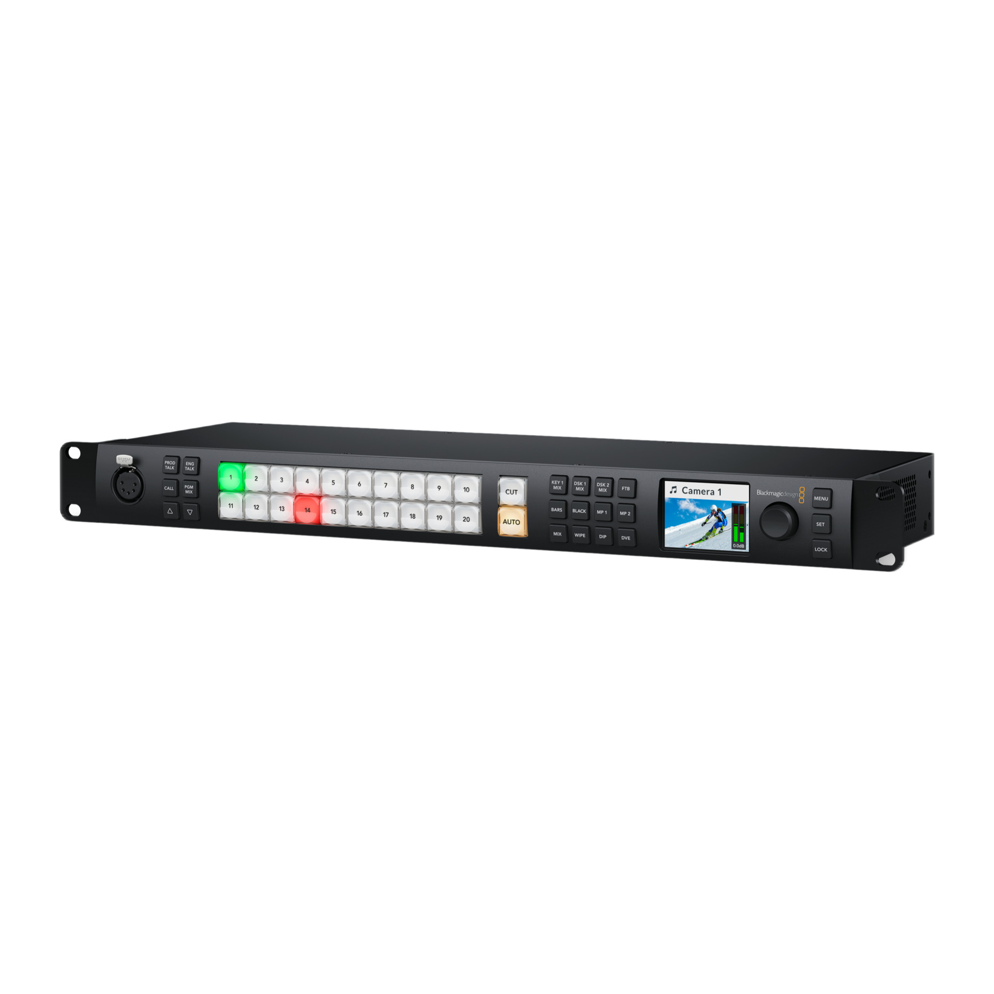 Blackmagic ATEM 2 M/E Constellation HD 1RU switcher at an angle, front panel and LCD