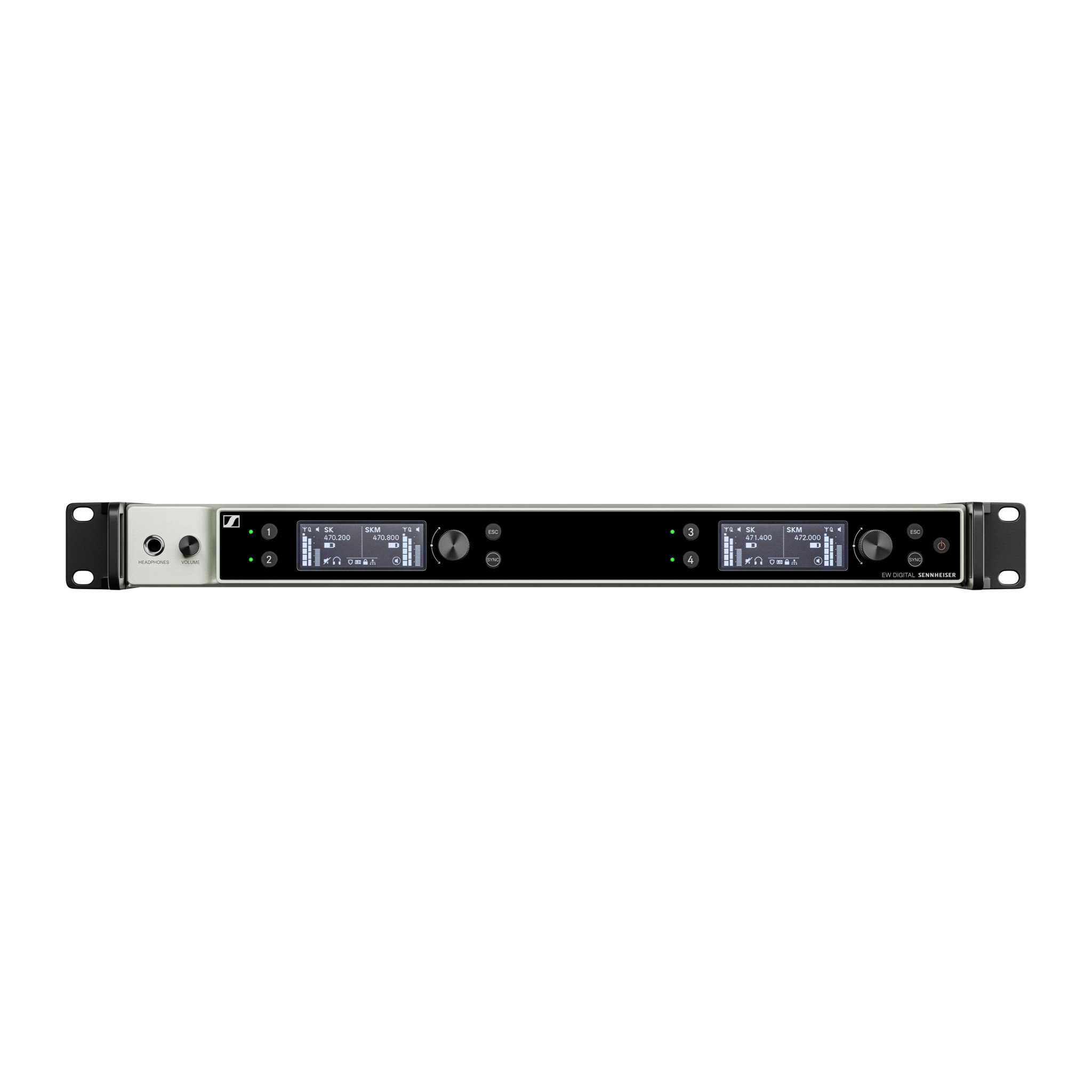 Sennheiser EW-DX EM 4 Dante front panel with two displays, jog wheels, channel buttons and headphone jack
