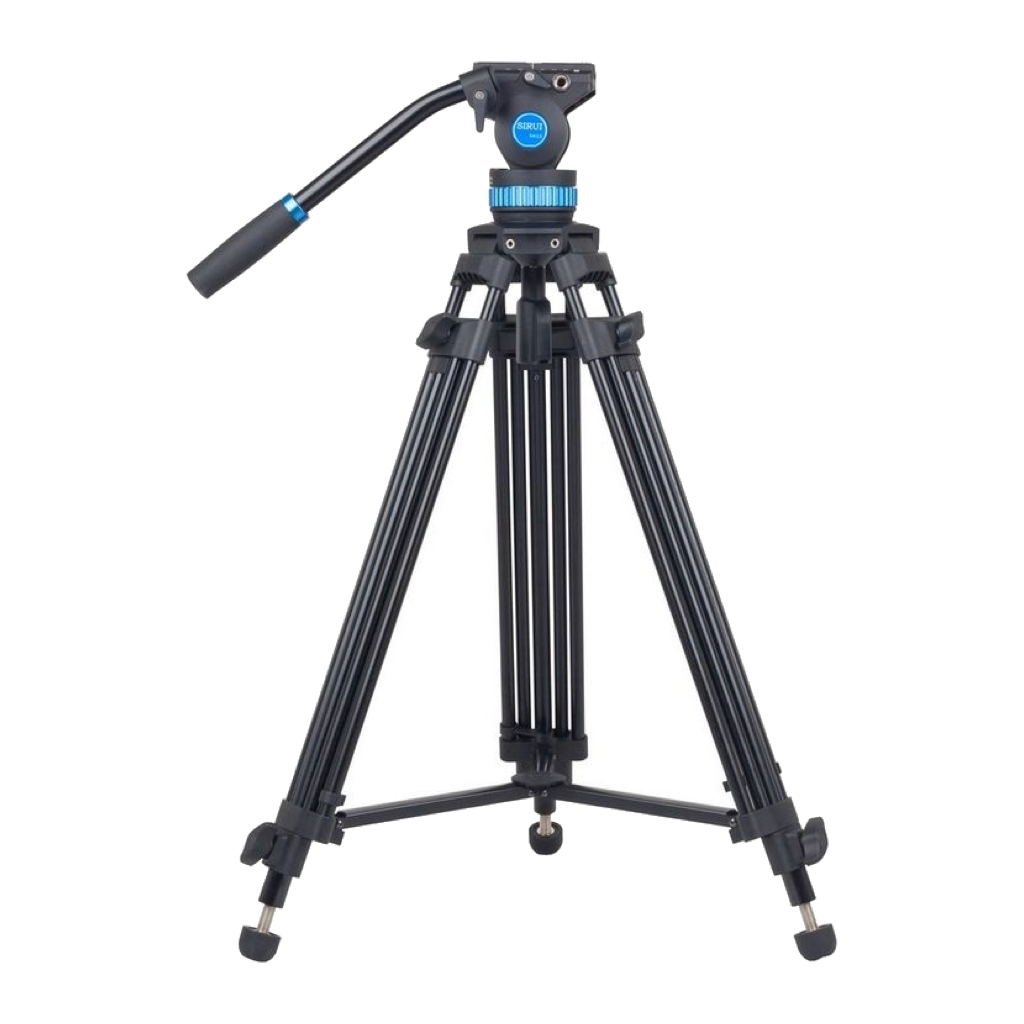 Sirui SH15 aluminium video tripod with blue-accented fluid head, pan handle and mid-level spreader