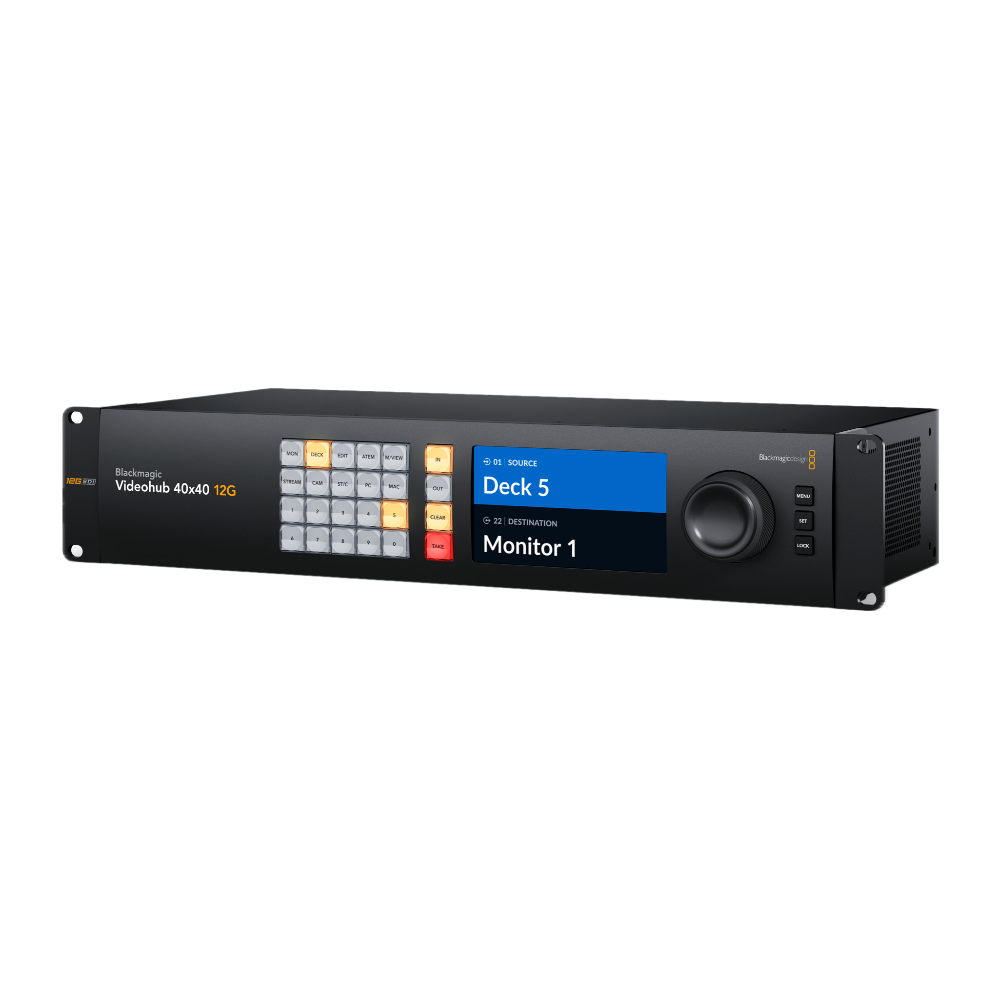 Blackmagic Videohub 40x40 12G 2RU router at an angle, front panel buttons, LCD and search dial