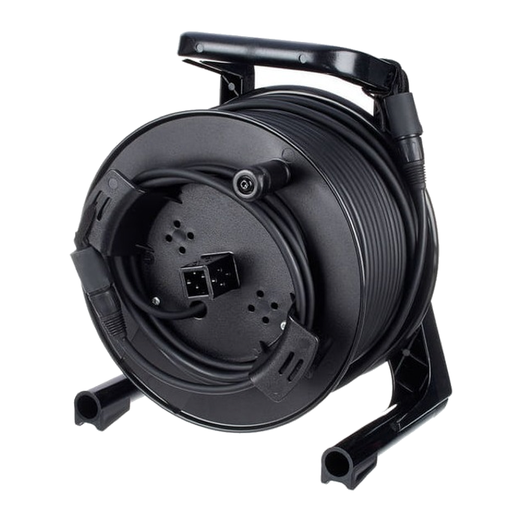 Network cable wound on a black cable drum with carry frame, connectors stowed at the hub