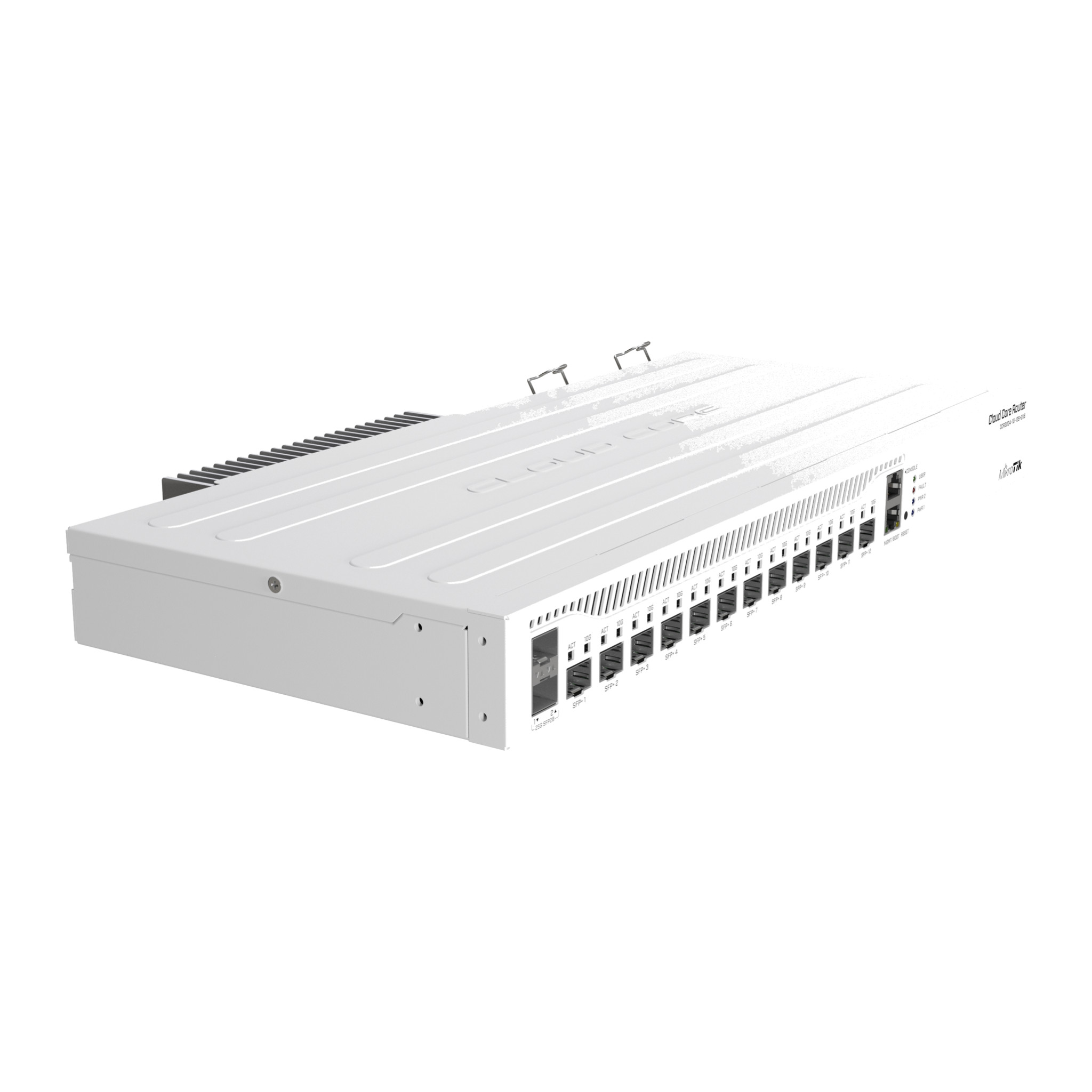MikroTik CCR2004-1G-12S+2XS 1U router, front three-quarter view of the SFP+ and SFP28 cages