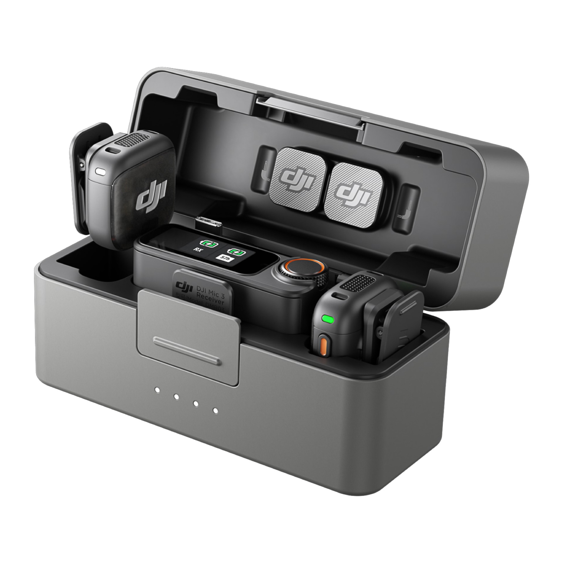 DJI Mic 3 charging case open, front three-quarter view with two transmitters and the receiver docked