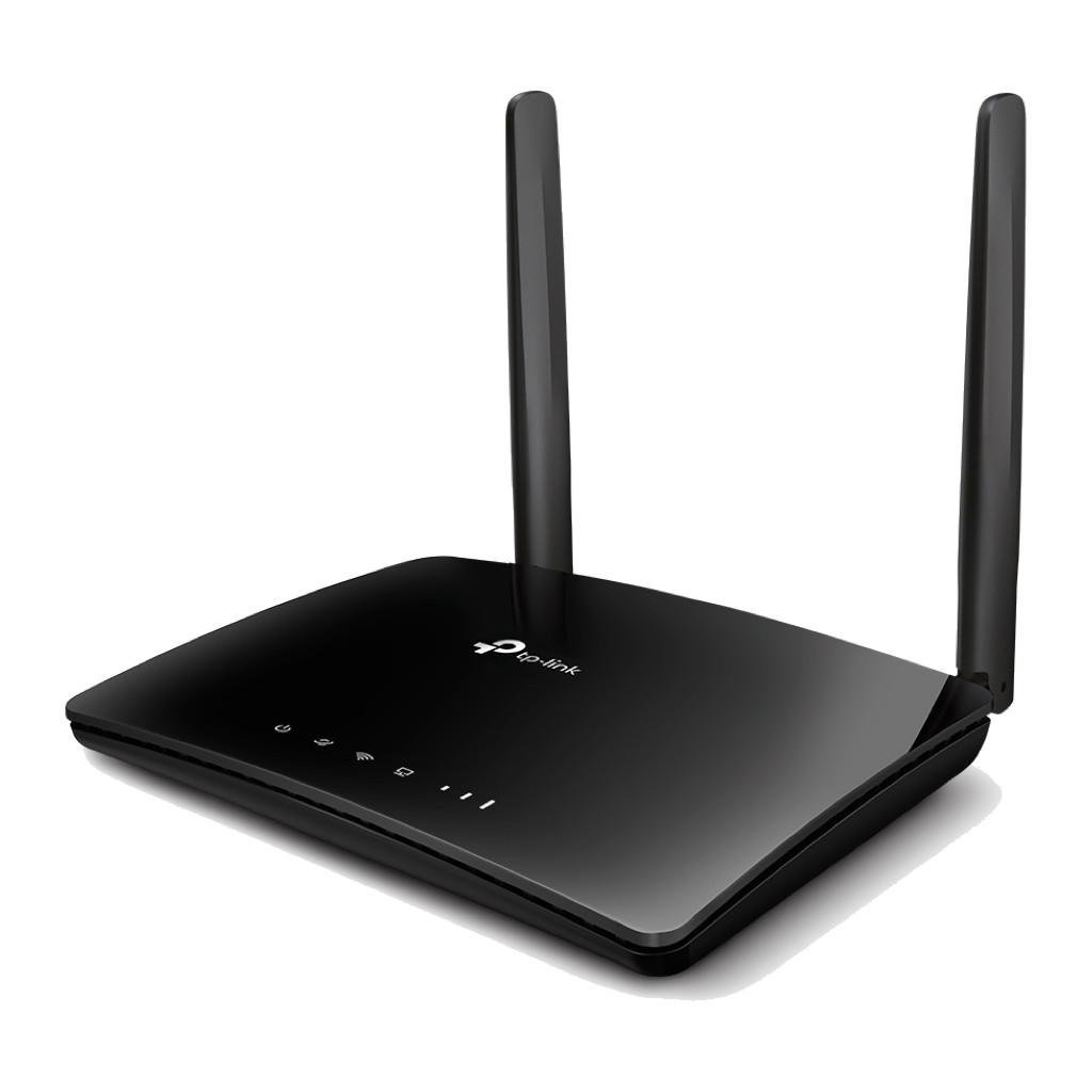 TP-Link TL-MR6400 4G LTE router in black with two external antennas, front three-quarter view