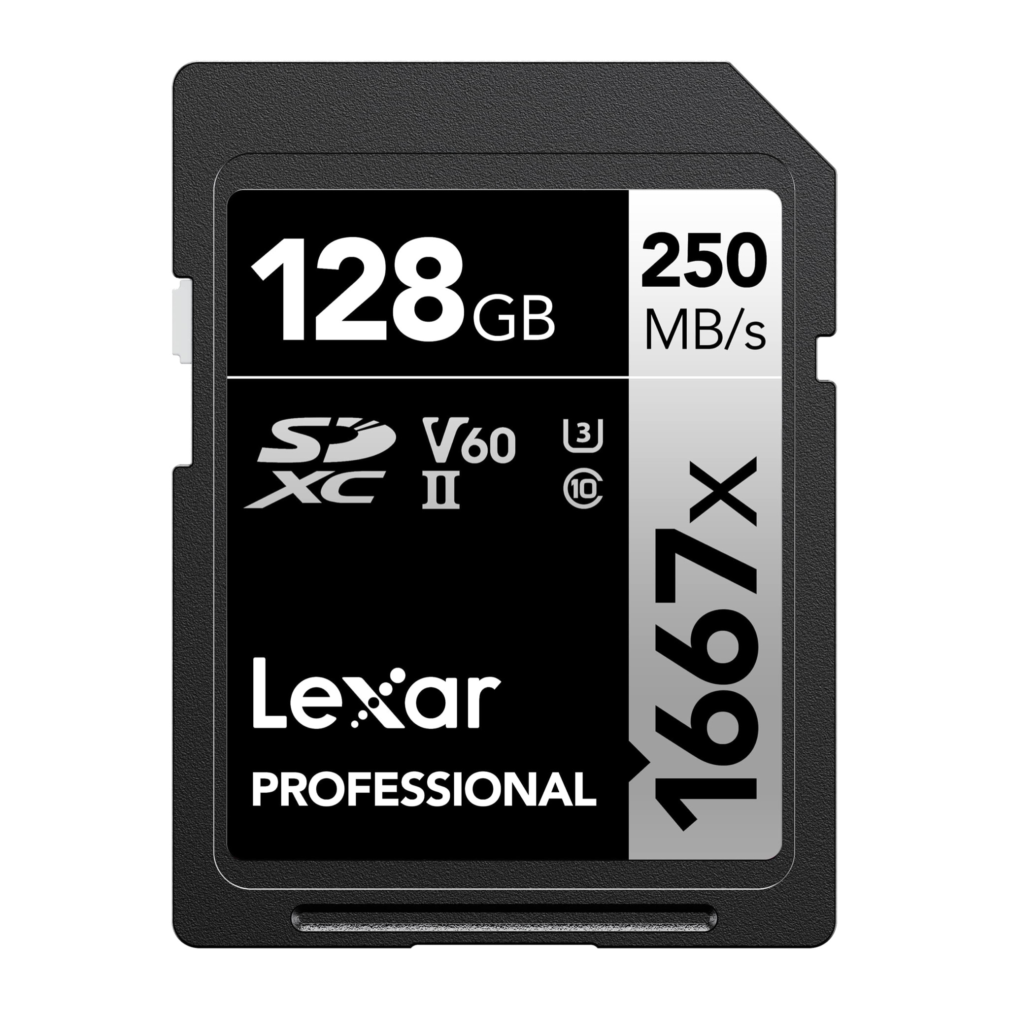 Lexar Professional 1667x 128GB SDXC UHS-II V60 memory card, front label