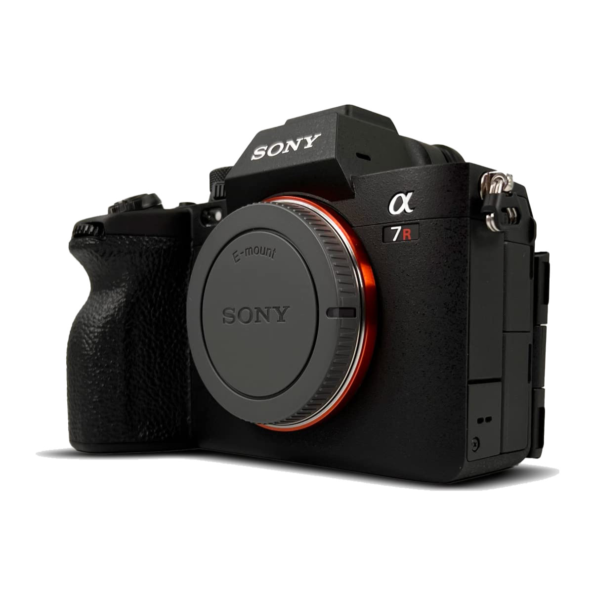 Sony A7R V (ILCE-7RM5) body with E-mount body cap, front three-quarter view
