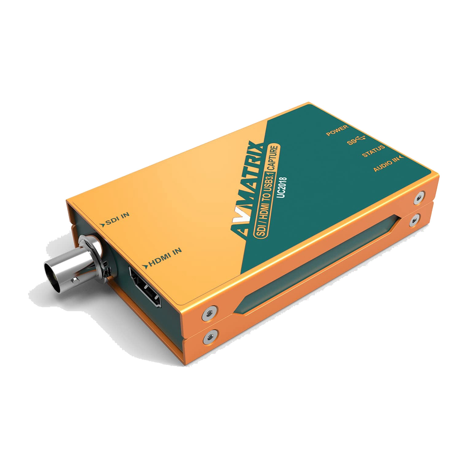AVMATRIX UC2018 capture box, three-quarter view of the SDI IN BNC and HDMI IN ports