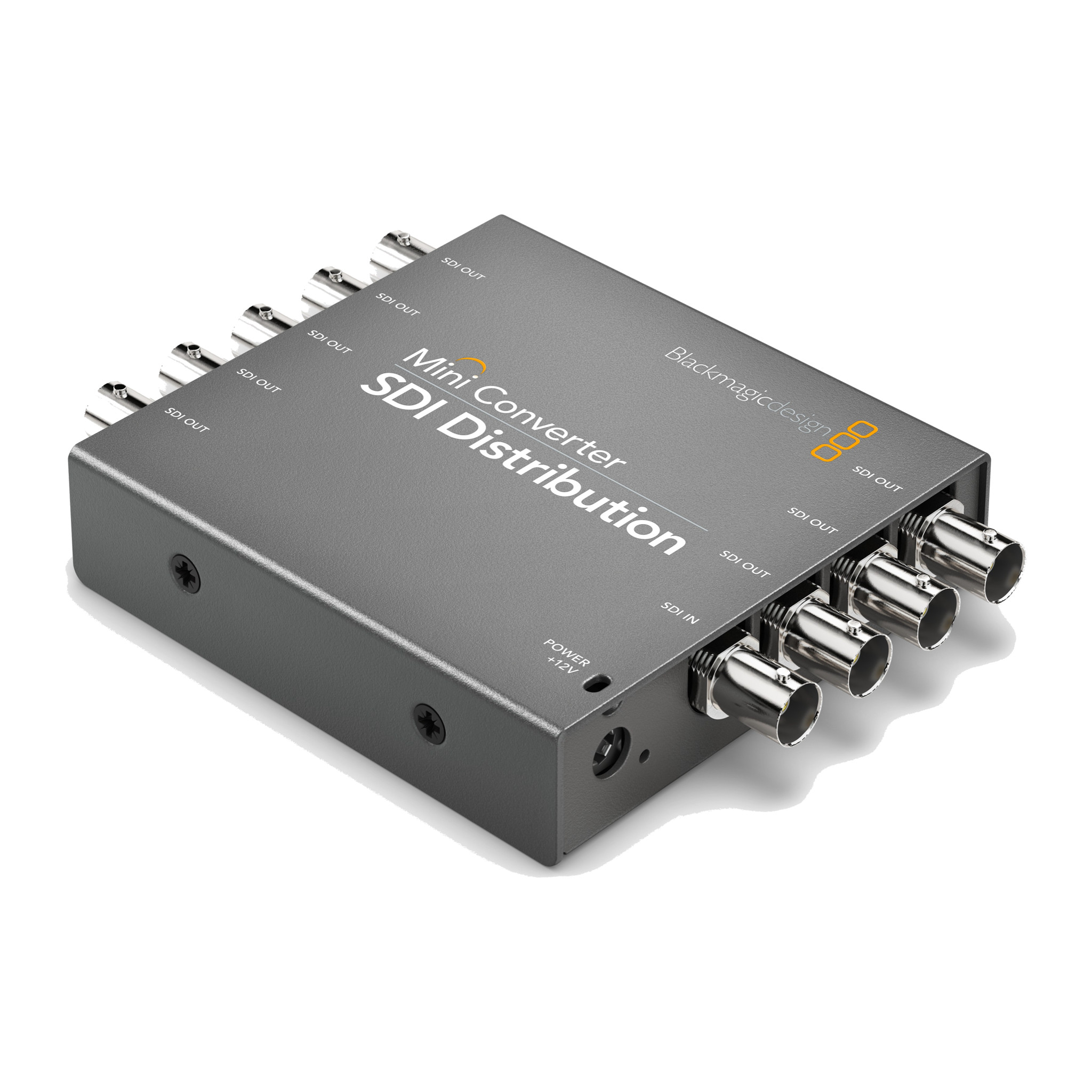 Blackmagic Mini Converter SDI Distribution, three-quarter view of the SDI BNCs and 12 V power socket