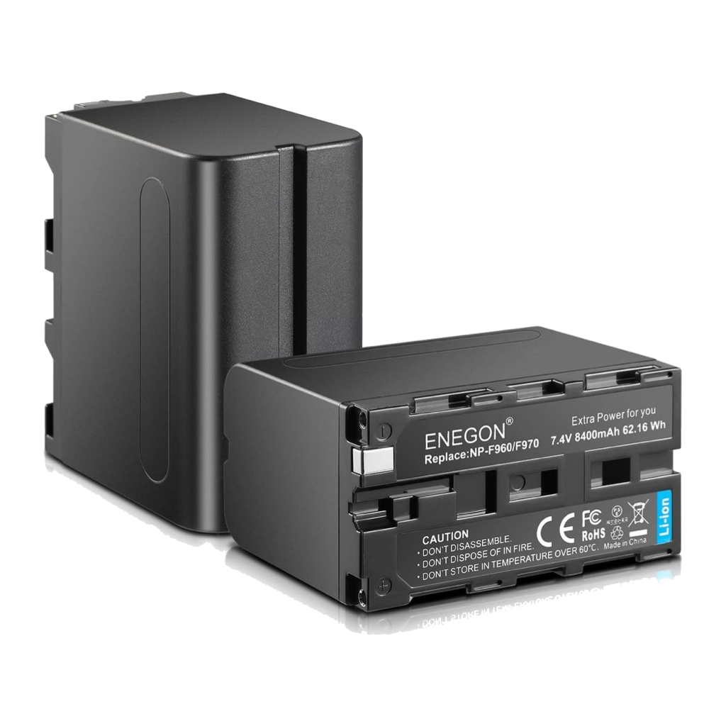 Two ENEGON NP-F960/F970 replacement batteries, label showing 7.4 V 8400 mAh 62.16 Wh