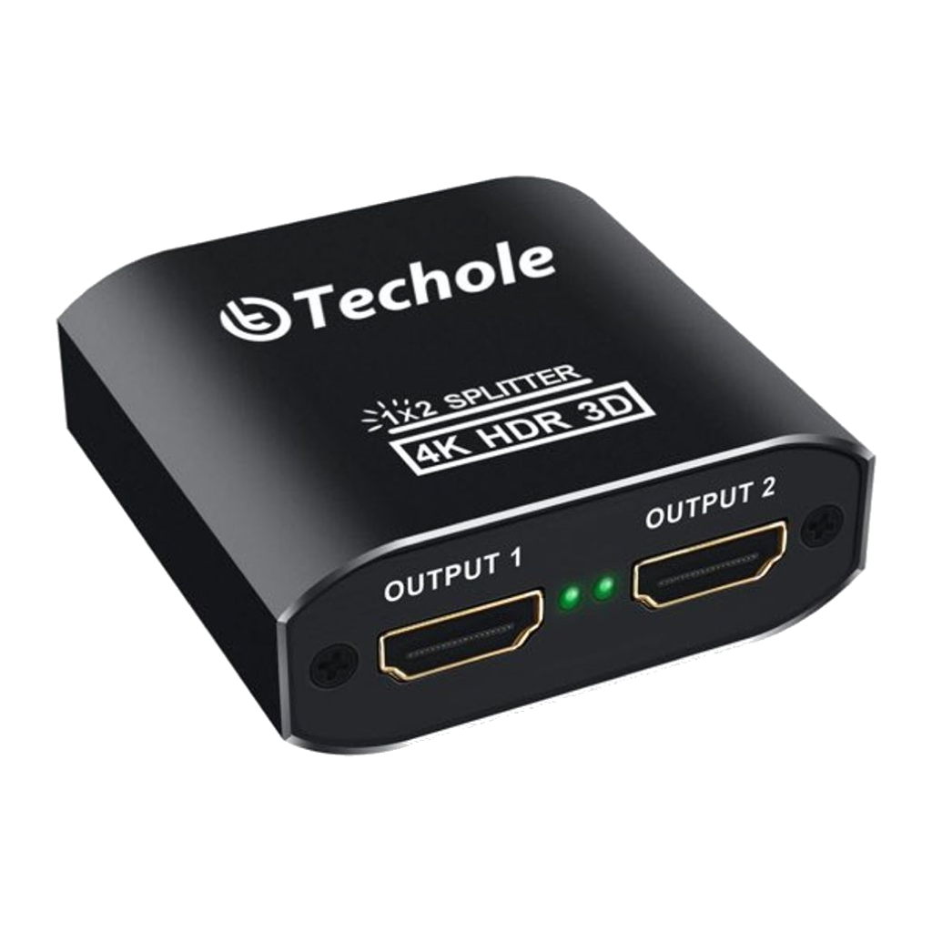 Black Techole 1x2 HDMI splitter marked 4K HDR 3D, two HDMI outputs with green status LEDs