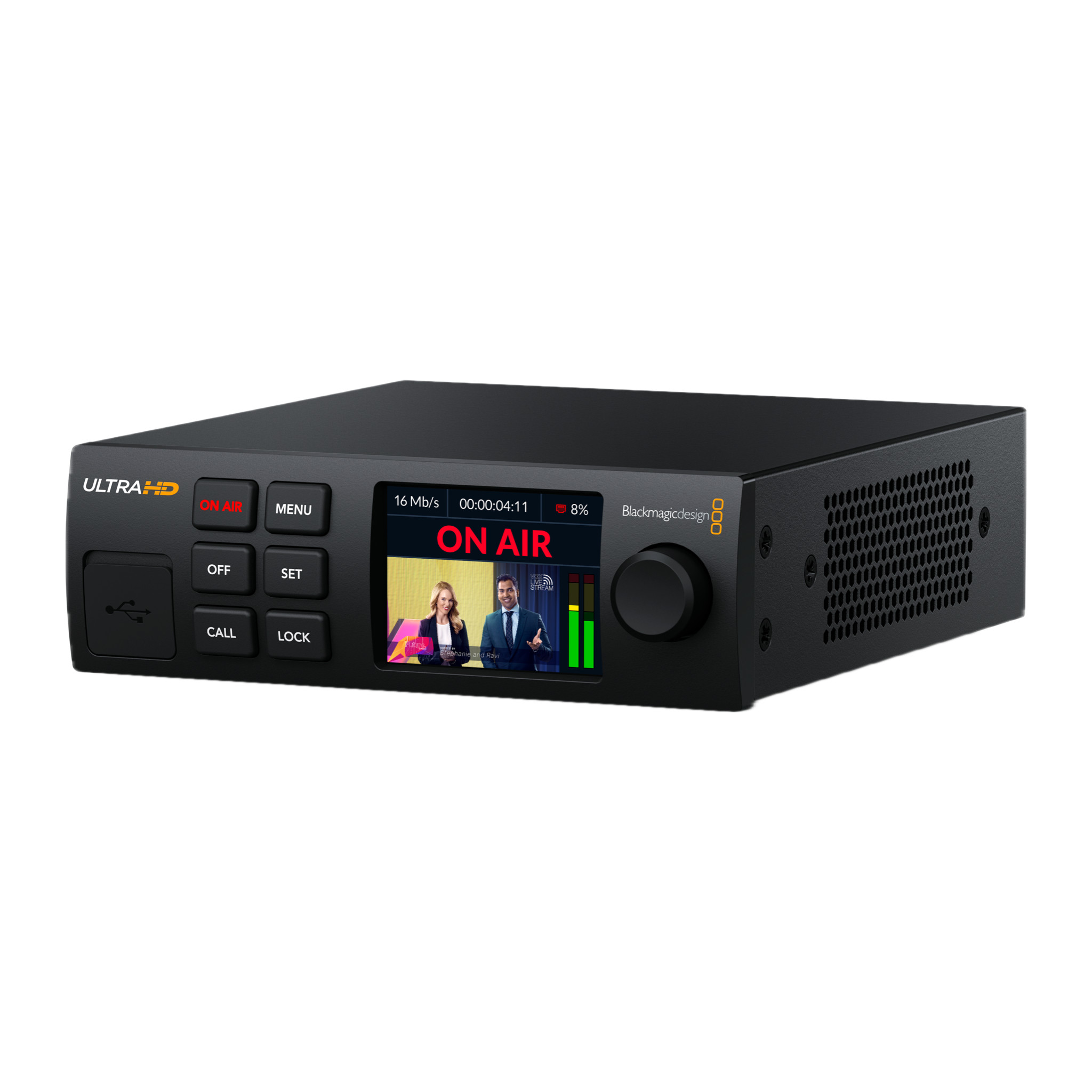 Blackmagic Web Presenter 4K at an angle, front panel LCD showing On Air and buttons