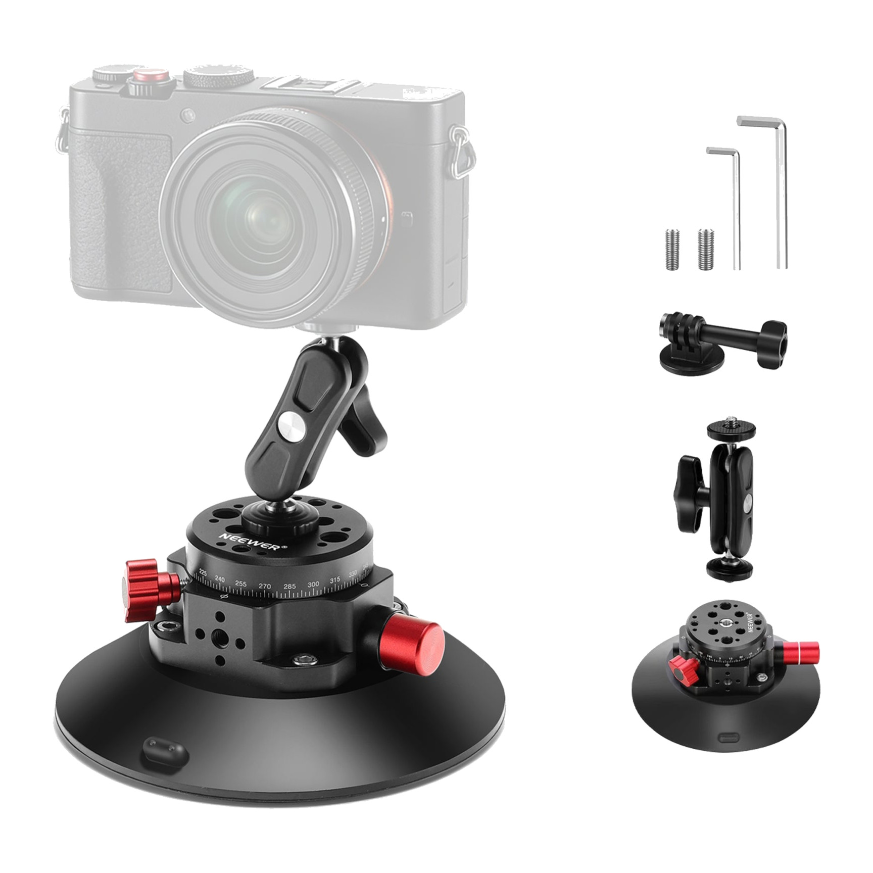 NEEWER CA013 6in suction cup mount with ball-head magic arm, action-cam adapter, screws and hex keys