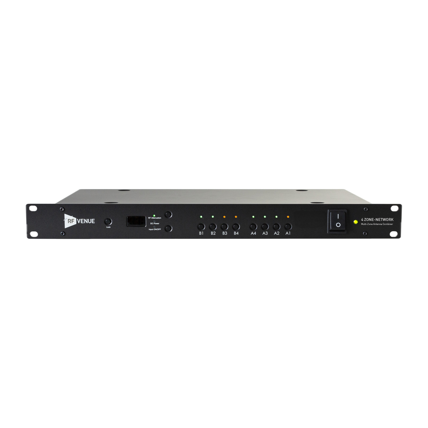 RF Venue 4 ZONE-Network 1U antenna combiner front panel with zone buttons A1-A4 and B1-B4