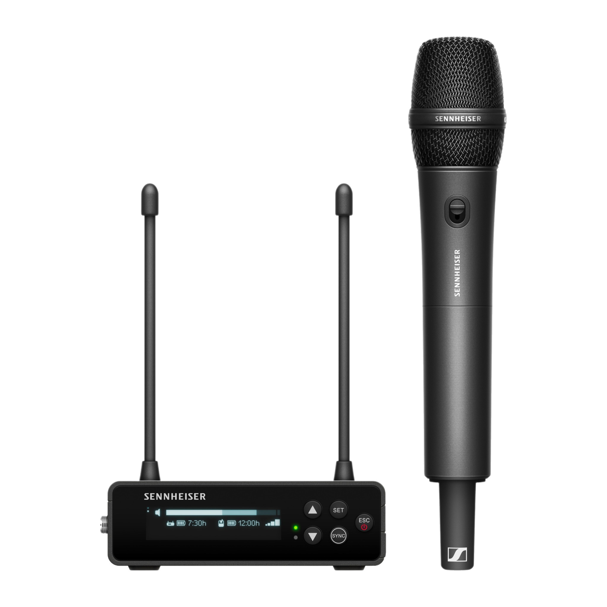 Sennheiser EW-DP 835 SET: EW-D SKM-S handheld with MMD 835 capsule next to the EW-DP EK receiver