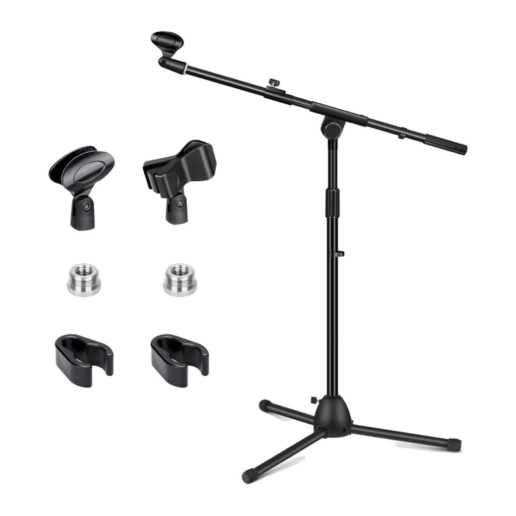 Black tripod microphone stand with boom arm, shown with two mic clips, thread adapters and cable clips