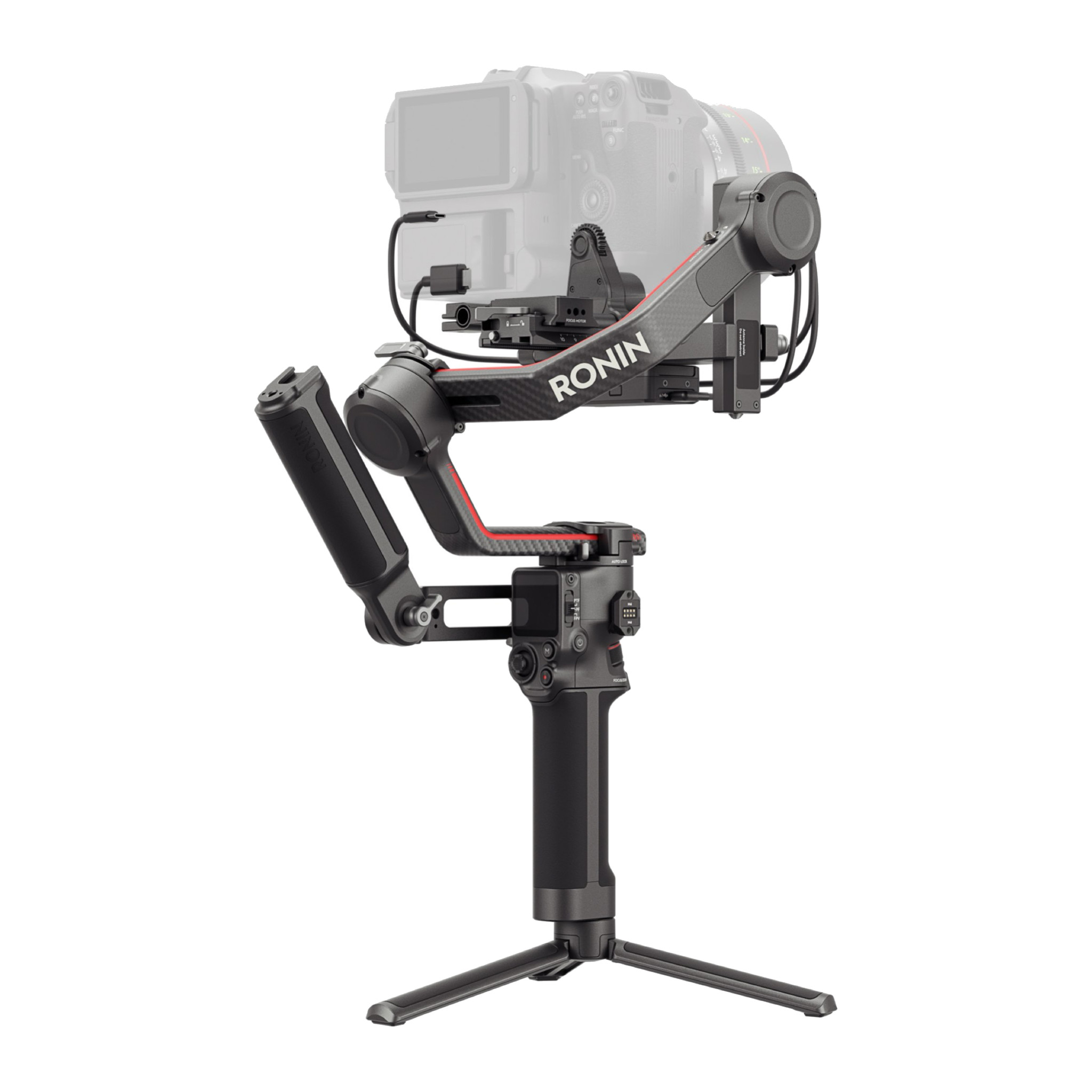 DJI RS 3 Pro gimbal with Briefcase Handle, focus motor and tripod, front three-quarter; camera ghosted