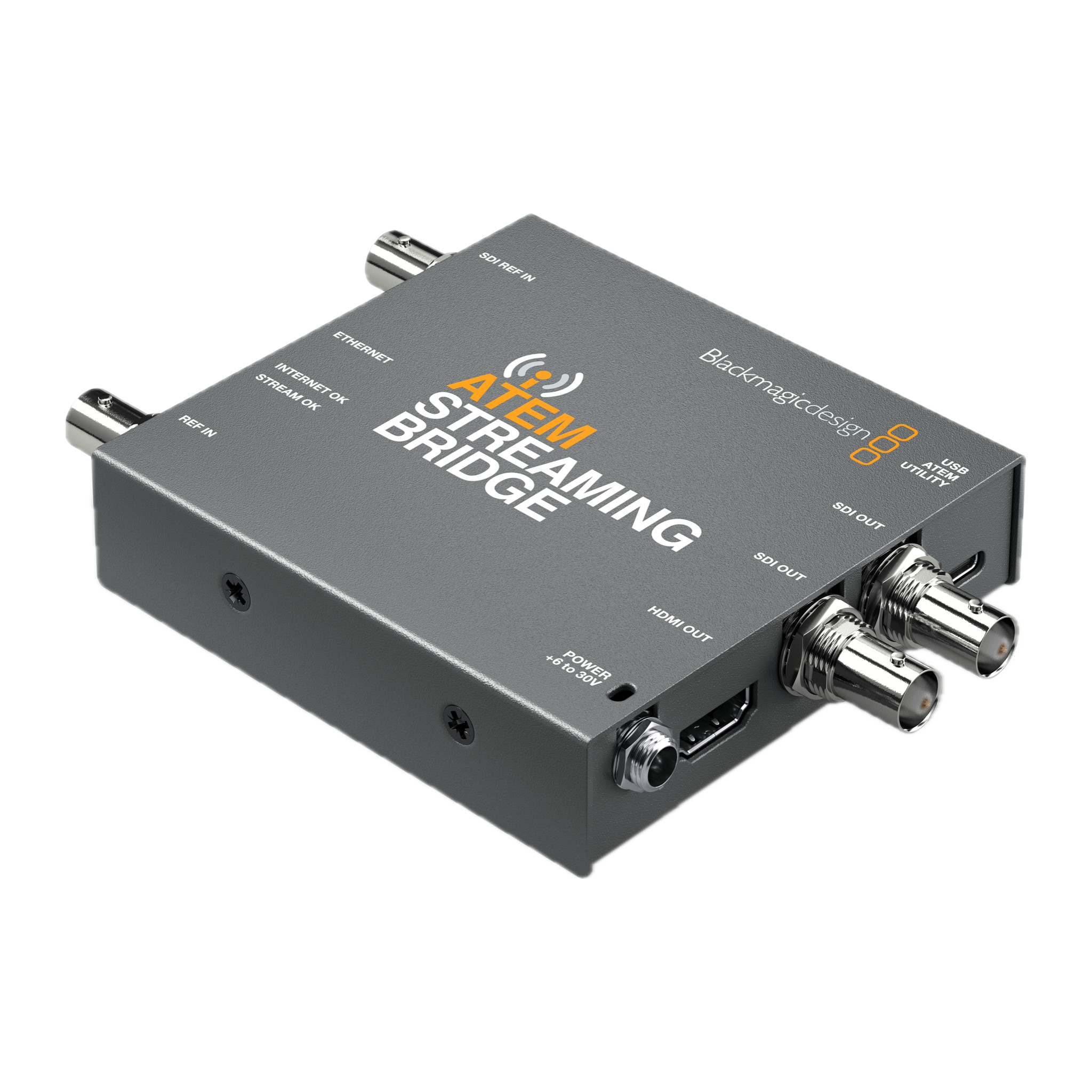 Blackmagic ATEM Streaming Bridge at an angle showing two SDI outputs, HDMI out and power input