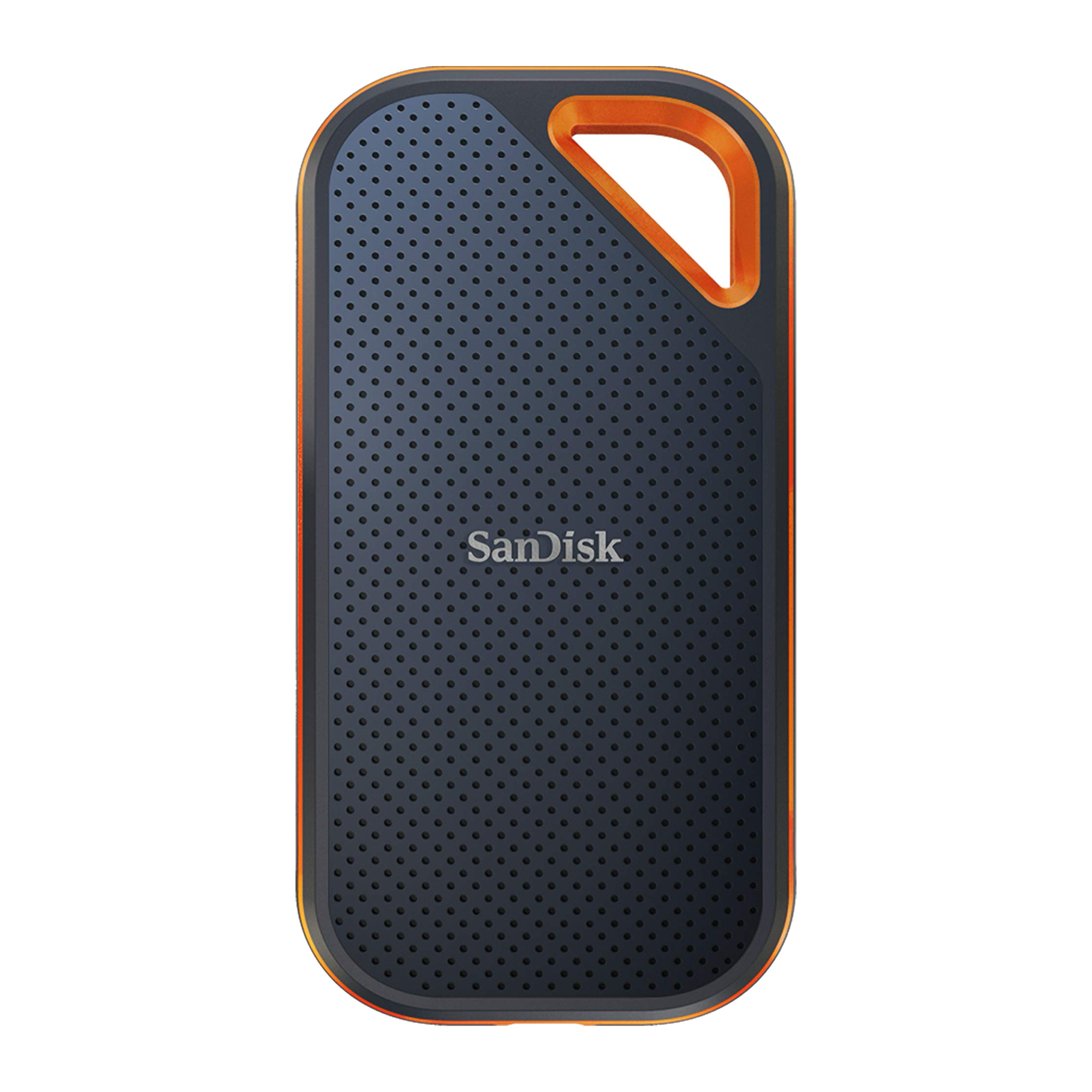 SanDisk Extreme PRO Portable SSD V2 4TB, front view with orange-rimmed aluminium frame