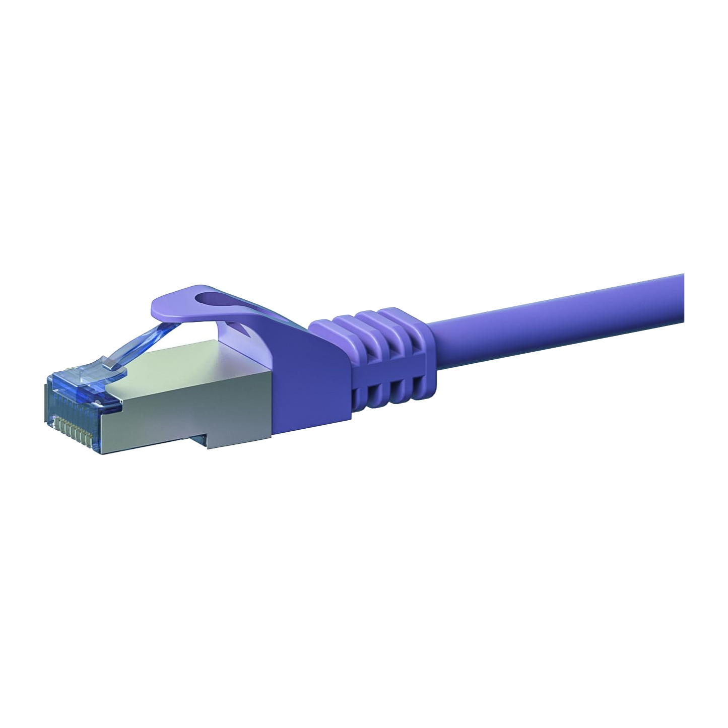 Danicom Cat6a S/FTP patch cable: shielded metal RJ45 plug with violet strain-relief boot