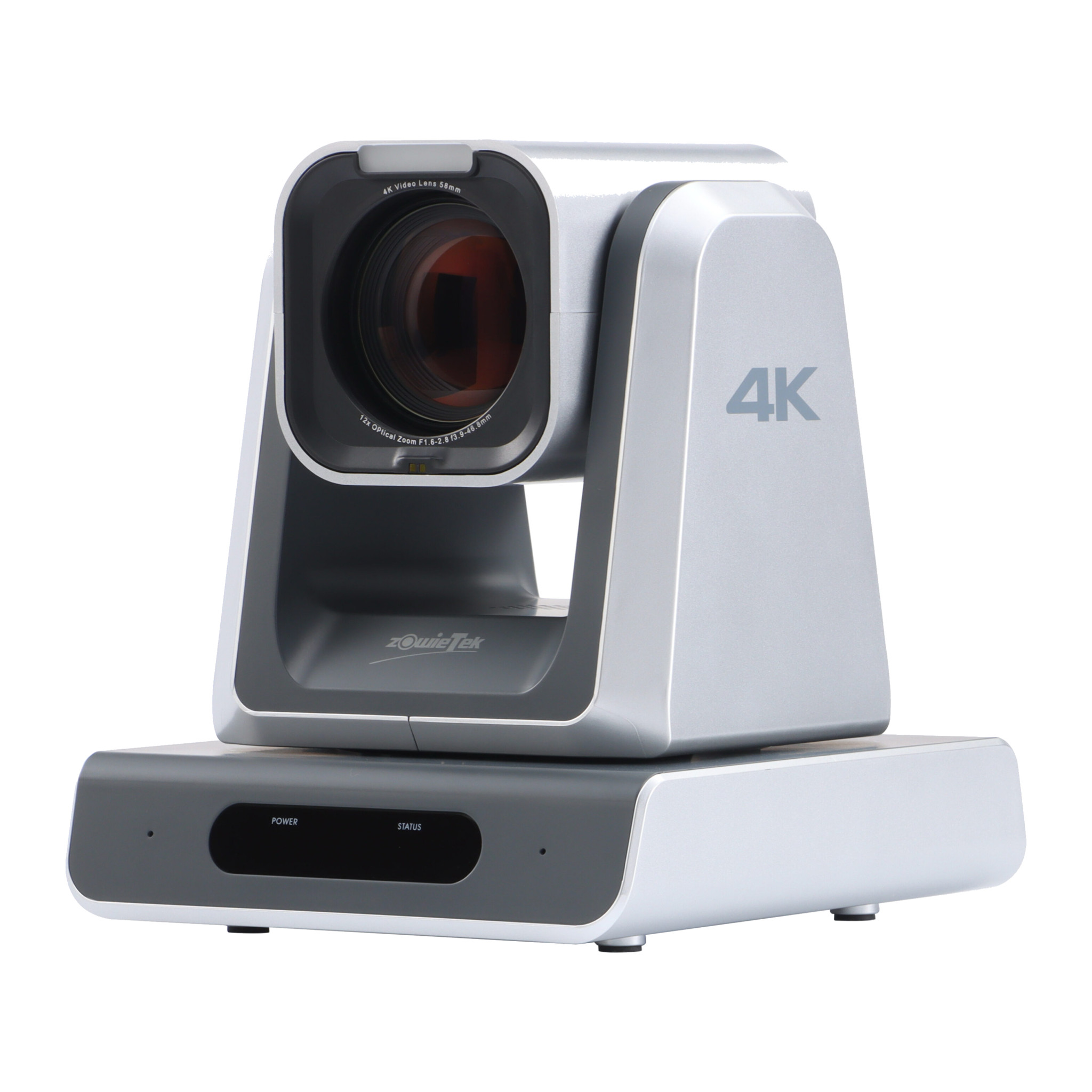 Zowietek ZowiePTZ 4K NDI PTZ camera in silver and grey, front three-quarter view of head and base