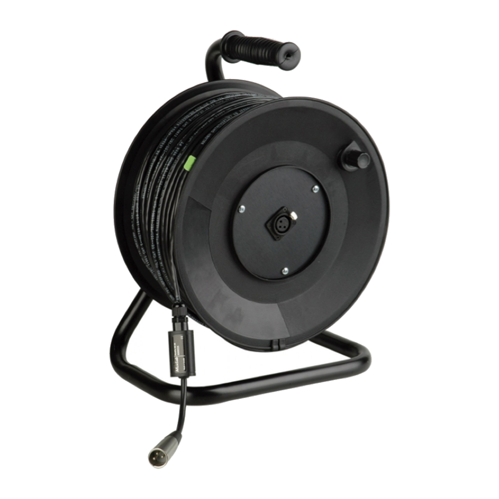 Black cable reel on a tubular stand with an XLR socket in the hub and an XLR male tail