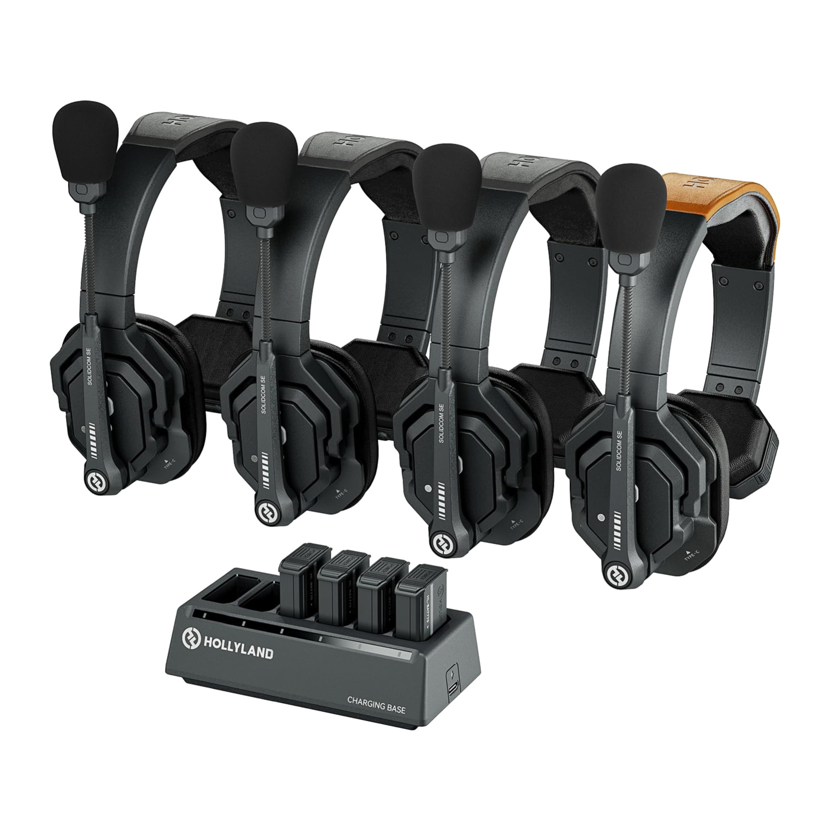 Hollyland Solidcom SE 4-person kit: master headset with orange band, three remote headsets and charging base