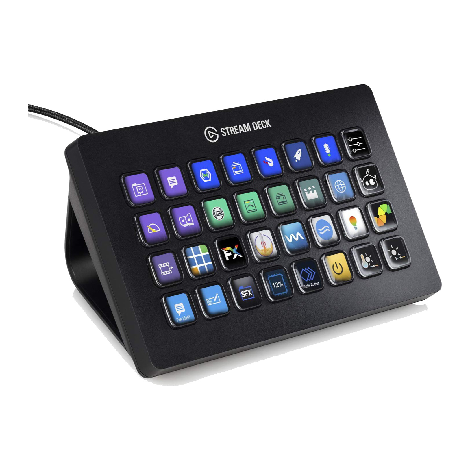 Elgato Stream Deck XL on its stand, 32 lit LCD keys, three-quarter view from the left