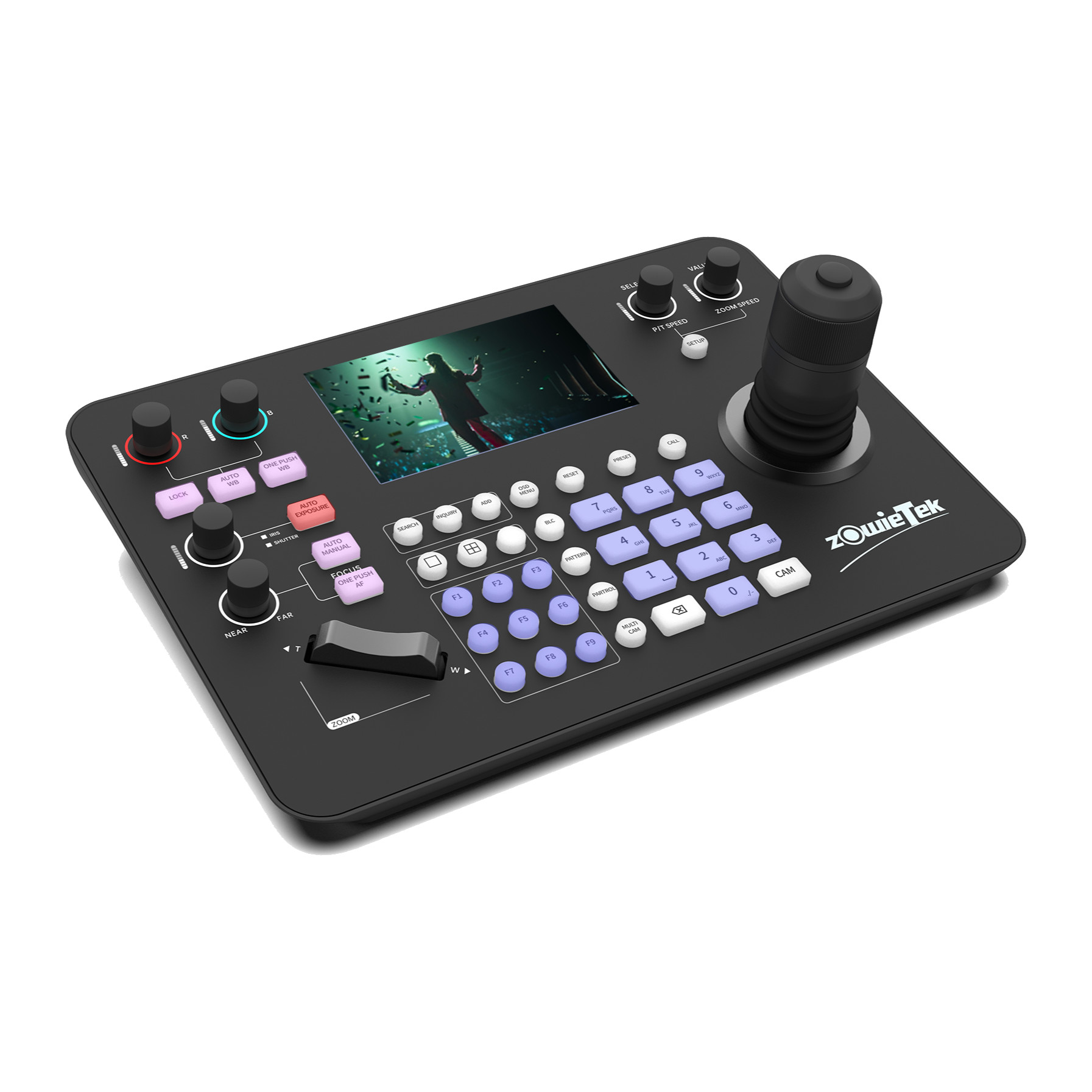 Zowietek ZowieKBD PTZ controller, three-quarter view with 5-inch screen, joystick, zoom rocker and keypad