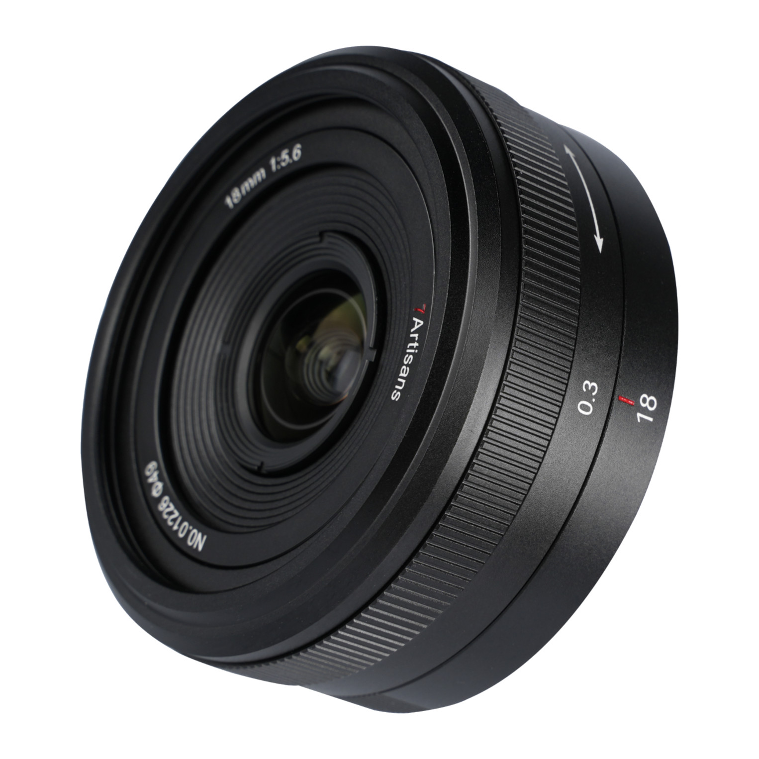 7Artisans 18mm F5.6 full-frame pancake lens, front three-quarter view showing the focus ring