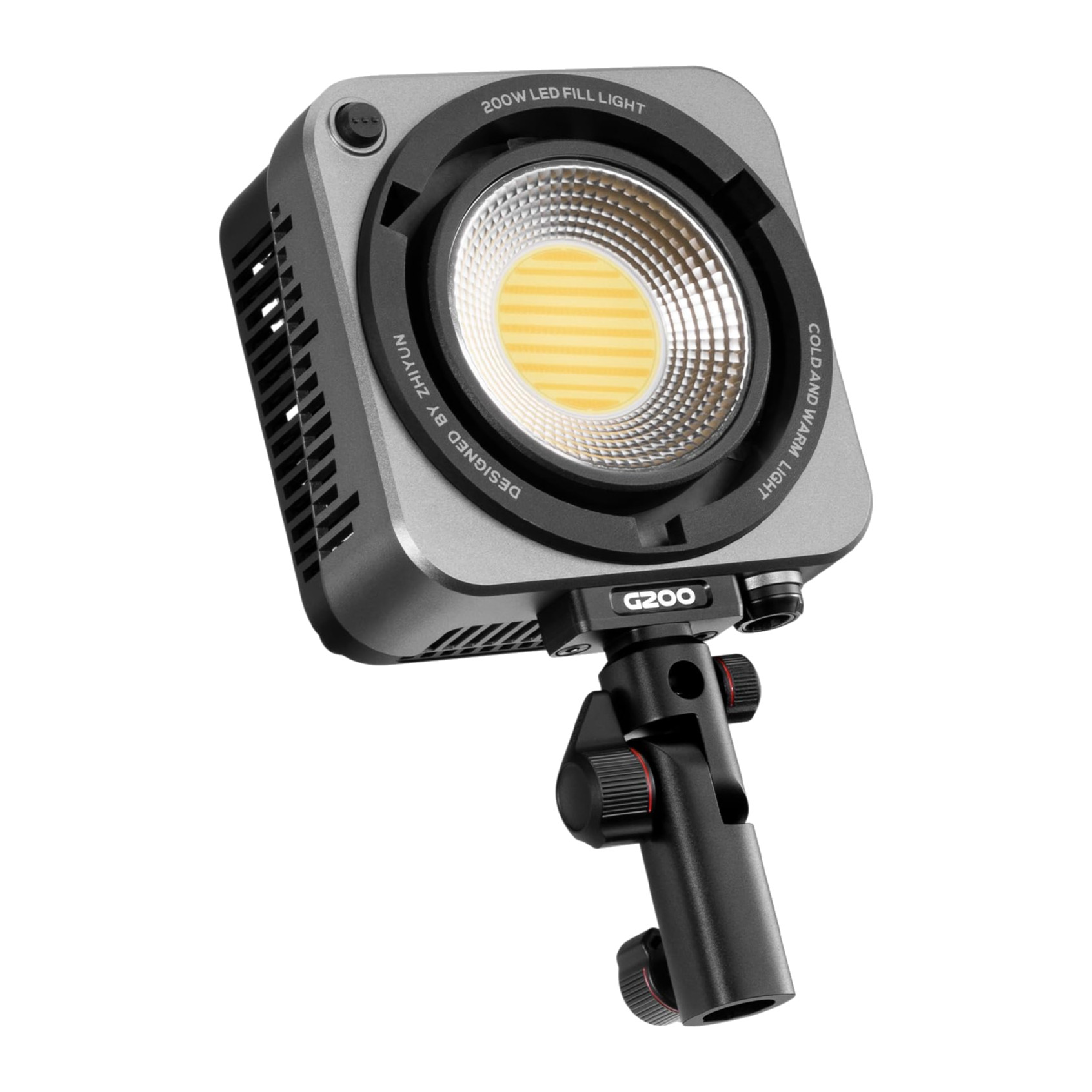 Zhiyun Molus G200 COB light head on its bracket, front three-quarter view