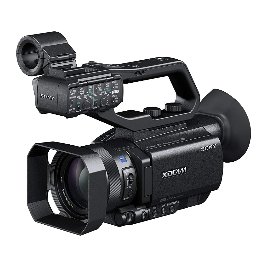 Sony PXW-X70 XDCAM camcorder with XLR handle and lens hood, front three-quarter view