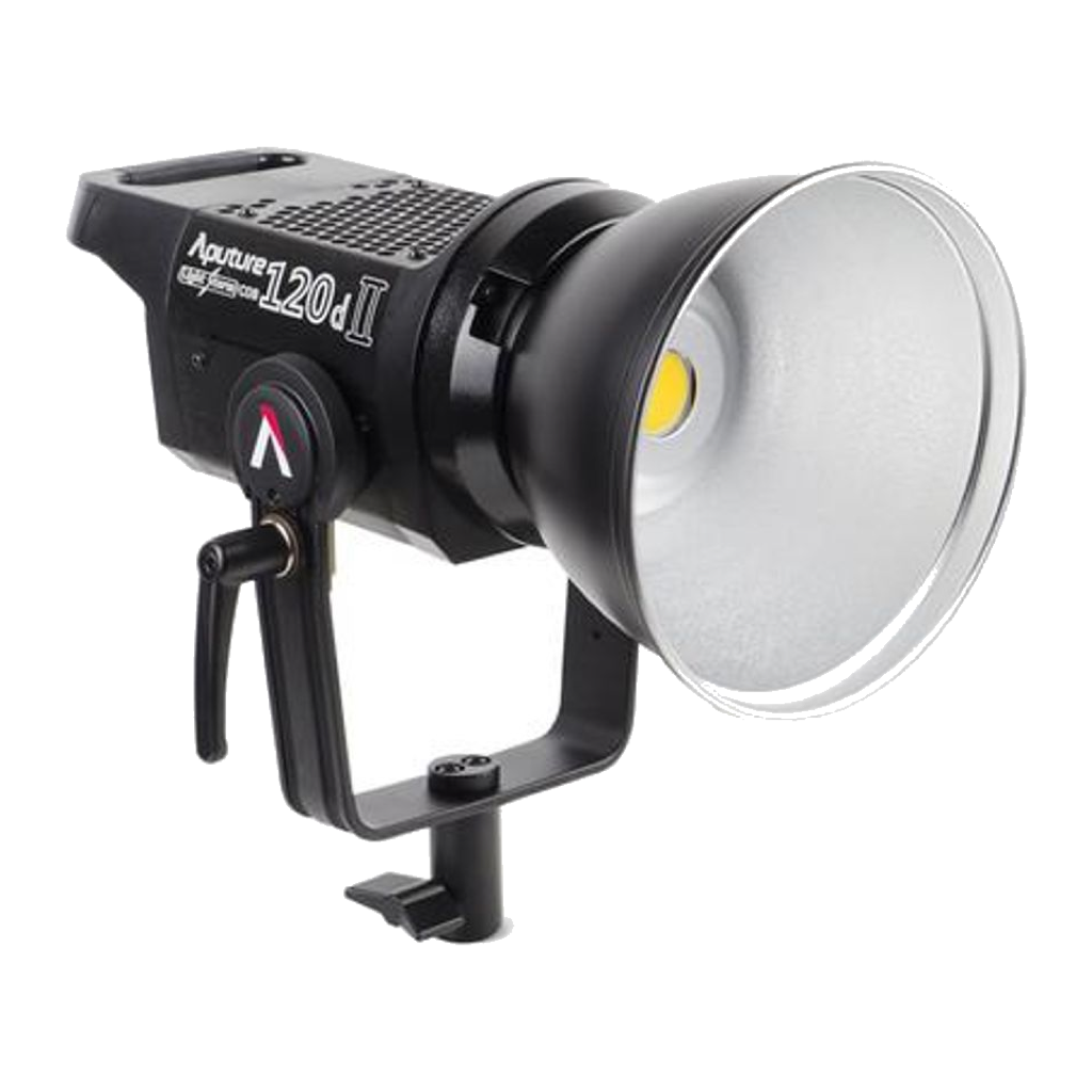Aputure LS C120d II COB LED head on its yoke with the standard reflector fitted