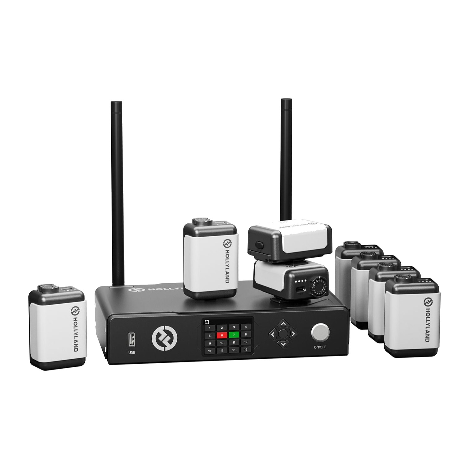 Hollyland Wireless Tally System base station with two antennas and eight white tally lights