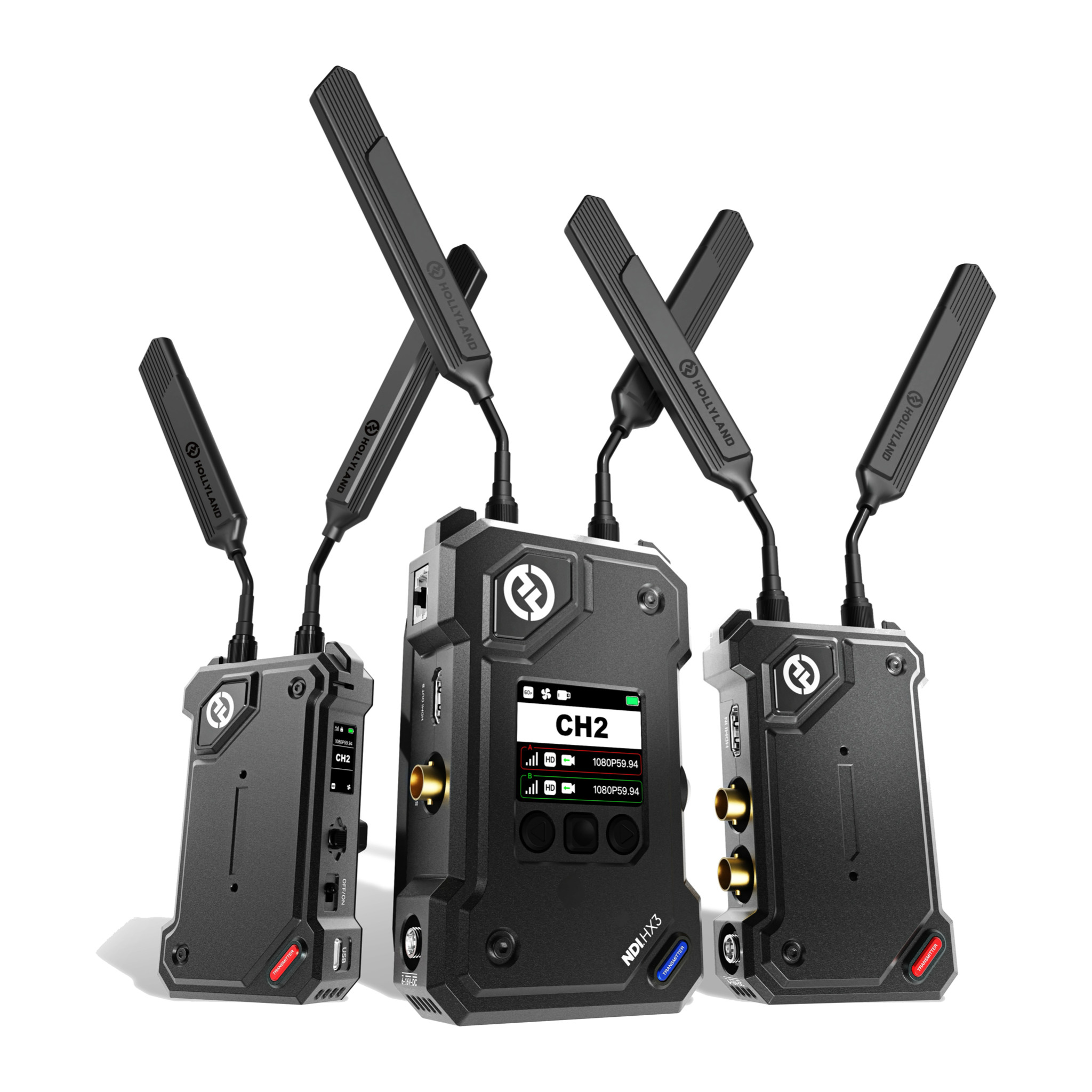 Hollyland Cosmo C2 receiver with NDI HX3 screen between two transmitters, blade antennas raised