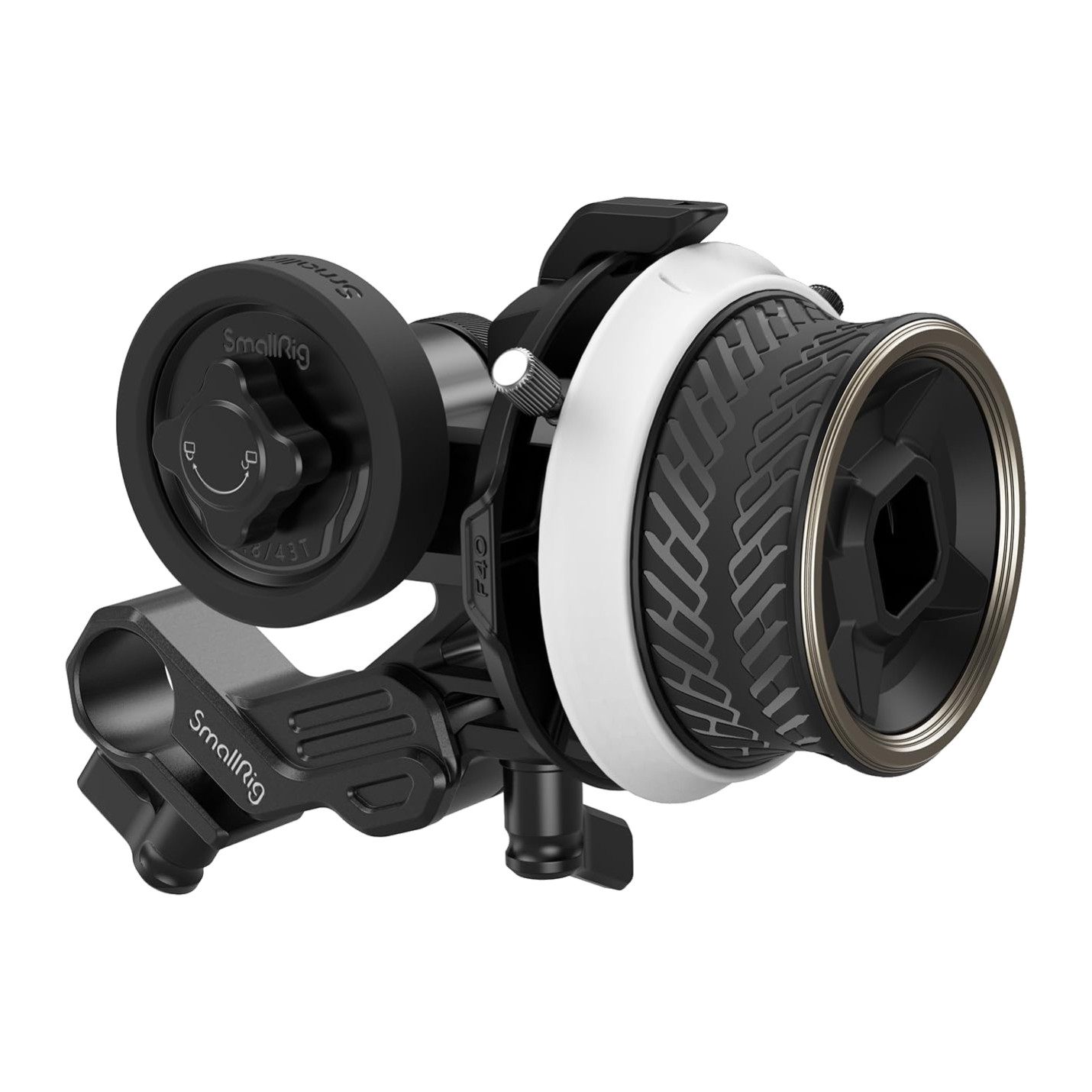 SmallRig F40 mini follow focus 3010 with white marking disc, drive gear and 15mm rod clamp, three-quarter view