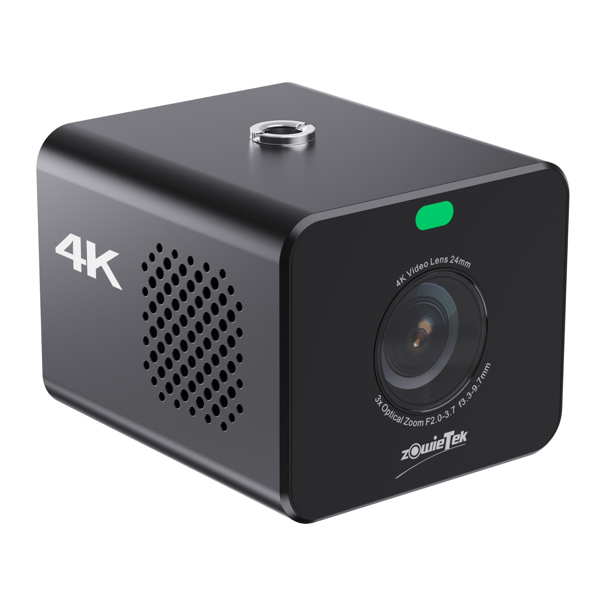 Zowietek 4K POV Zoom camera, black cube with 3x zoom lens, green tally and 4K marking, three-quarter view